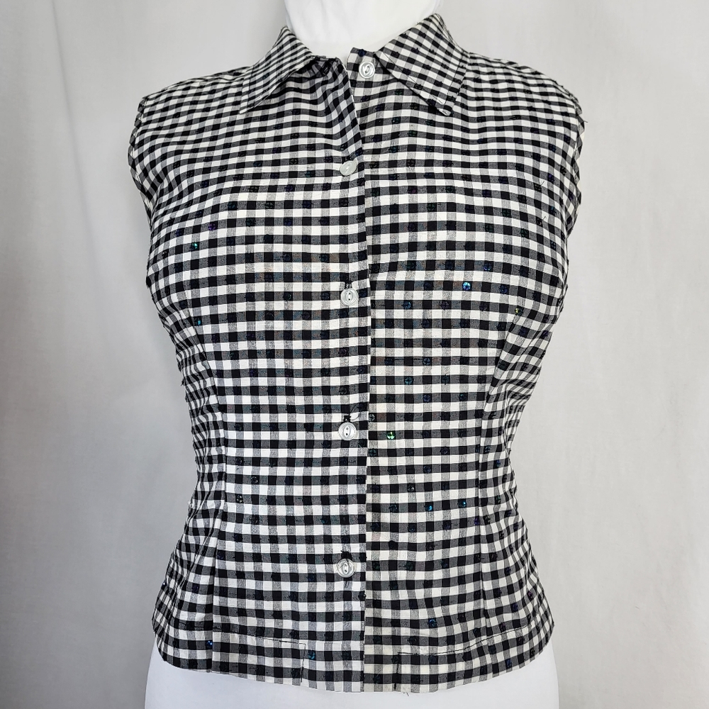 Elliott Lauren Black White Silk TOP Womens sz 10 Sleeveless Sequined Button Vtg
